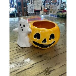 Vintage 1985  Ceramic Ghost with Pumpkin Planter